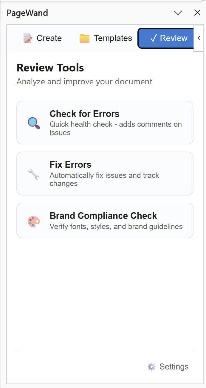 PageWand add-in review panel